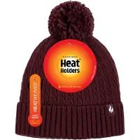 Heat Holder Damen-Thermokabel-Beanie-Mütze | Wärmehalter | Gestrickte Wintermütze mit Bommel | Weiche, gerippte Bommelmütze in Weinrot