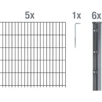Alberts Doppelstabmattenzaun 6-5-6, Matten 2,50 m, Höhe 1,83 m, Länge 12,5 m, anthrazit, Zaun als Komplettset, Pfosten mit Abdeckleiste 60x40 mm