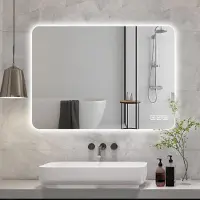 SUCCESS COURIER LED Badezimmerspiegel 70x90 cm Hintergrundbeleuchtung Wandspiegel Dimmbar Touch-Steuerung Anti-Beschlag Badspiegel Lichtfarbe Einstellbar Smart-Mirror