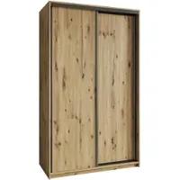 Masseno Schiebetürenschrank NISSE 120/205/60 cm Kleiderschrank mit Schubladen Schlafzimmer Schrank 2-türig Eiche Artisan + Schwarz