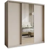 Masseno Schiebetürenschrank TAVI 180/205/60 cm Kleiderschrank mit 4 Schubladen Schlafzimmer Schrank 3-türig mit Spiegel Kaschmir