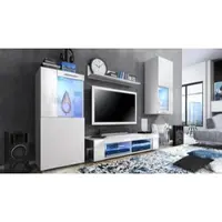 Vladon Wohnwand Movie, Anbauwand bestehend aus 1 TV-Board, 2 Vitrinen und 1 Regal, Weiß matt/Weiß matt/Weiß Hochglanz inkl. LED-Beleuchtung blau (Gesamt: 300 x 190 x 39 cm)