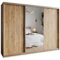 Masseno Schiebetürenschrank TAVI 250/205/60 cm Kleiderschrank mit 4 Schubladen Schlafzimmer Schrank 3-türig mit Spiegel Craft Eiche Gold