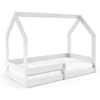 Masseno Kinderbett FLORA 80x160 cm mit Rausfallschutz, Einzelbett für Mädchen und Jungs, Hausbett für Kinder, Holz, Weiß