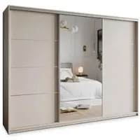 Masseno Schiebetürenschrank VARO 250/205/60 cm Kleiderschrank mit 4 Schubladen Schlafzimmer Schrank 3-türig mit Spiegel Kaschmir