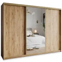 Masseno Schiebetürenschrank TAVI 250/205/60 cm Kleiderschrank mit 4 Schubladen Schlafzimmer Schrank 3-türig mit Spiegel Craft Eiche Gold