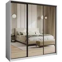 Masseno Schiebetürenschrank RIEN 180/205/60 cm Kleiderschrank mit 4 Schubladen Schlafzimmer Schrank 3-türig mit Spiegel Weiß
