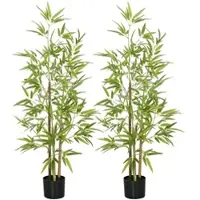 HOMCOM Bambus-Kunstbaum 2er-Set, 3 Stämme, pflegeleicht, 120 cm, Zementtopf, Grün