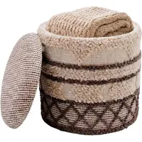 Wohnling Sitzhocker mit Stauraum aus Wolle, Boho-Design Beige, 40 cm rund