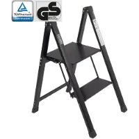 Baumarktplus Trittleiter 2 Stufig Klappbar bis 150 kg Alu Anti Rutsch Trittflächen TÜV GS Schwarz