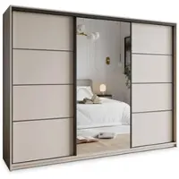 Masseno Schiebetürenschrank VARO 270/205/60 cm Kleiderschrank mit Schubladen Schlafzimmer Schrank 3-türig mit Spiegel Kaschmir + Schwarz