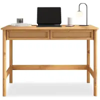Idimex Schreibtisch RODRIGO 110cm breit, Eiche farben - Bürotisch aus Massivholz mit 2 geräumigen Schubladen in Rattan Optik - Computertisch mit Stauraum, PC Tisch, Laptoptisch, Arbeitstisch