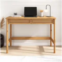 Idimex Schreibtisch RODRIGO 110cm breit, Eiche farben - Bürotisch aus Massivholz mit 2 geräumigen Schubladen in Rattan Optik - Computertisch mit Stauraum, PC Tisch, Laptoptisch, Arbeitstisch