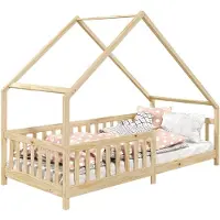 Idimex Hausbett CORA 90x200 cm, Natur - Kinderbett mit Rausfallschutz aus Massivholz, Montessori Bodenbett, Holzbett für Jungen und Mädchen