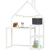 Idimex Kinderschreibtisch NIVIA Hausform weiß mit Regal Stauraum gefertigt aus Kiefer Massiv. Stabil langlebig perfekt für Kinderzimmer. Montessori-Möbel ideal für Hausaufgaben oder Bastelarbeiten.