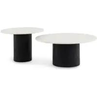 Idimex Couchtischset GANGA/YAMUNA mit Tischplatte aus Marmor, Weiß/Schwarz - Runder Beistelltisch im 2er Set, rundes Holzgestell aus Akazie, Wohnzimmertisch, Coffe Table