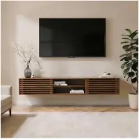 Idimex Lowboard RIAN, 175 cm hängend aus Massivholz, Kastanie Finish - TV Schrank mit Lamellentüren, Wohnzimmermöbel im Mid Century Style, Wandmontage ideal für Fernseher [max. Belastbarkeit 50 kg]