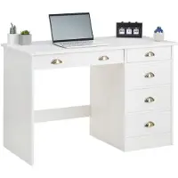 Idimex Schreibtisch LANA mit 5 Schubladen, Weiß - Bürotisch aus Massivholz im Landhausstil, klassisches Design, Bürotisch mit Muschelgriffen