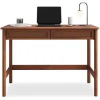 Idimex Schreibtisch RODRIGO 110cm breit, Kastanien farben - Bürotisch aus Massivholz mit 2 geräumigen Schubladen in Rattan Optik - Computertisch mit Stauraum, PC Tisch, Laptoptisch, Arbeitstisch