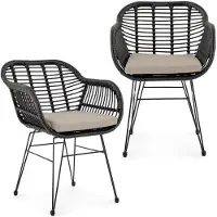 Idimex Gartenstühle PARAMO im 2er Set aus Polyrattan, schwarz/beige - moderner Esszimmerstuhl in Rattan Optik, Küchenstuhl mit Sitzkissen, Korbstuhl mit robustem Metallgestell
