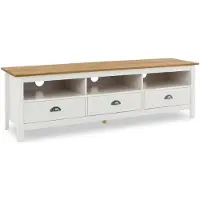 Idimex Lowboard CAMPO 160 cm aus Massivholz, Weiß/Natur - TV Schrank im Landhausstil mit 3 offenen Fächern und 3 Schubladen mit Muschelgriffen aus Metall, mit Kabeldurchlass