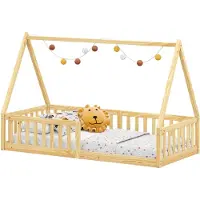 Idimex Hausbett NICOLAS 90 x 190 cm natur - bodentiefes Kinderbett inkl. beidseitigem Rausfallschutz, Montessori Bett aus Massivholz