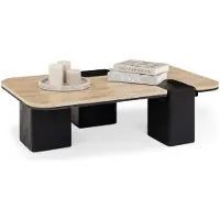 Idimex Couchtisch SURAT mit doppelter Tischplatte aus Mangoholz und Travertin, 100 x 27 x 60 cm, Beige/Schwarz - Moderner Wohnzimmertisch mit eingefasster Tischplatte Clubtisch, Coffee Table