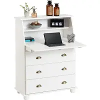 Idimex Sekretär GOMES aus Massivholz, Weiß - Schreibsekretär mit Klappe und Schubladen mit Muschelgriffen, Kiefer Massivholz, Landhausstil für Büro und Wohnzimmer