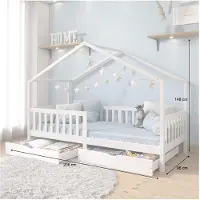 Idimex Hausbett ELEA aus massiver Kiefer, Kinderbett mit Rausfallschutz 90x200cm, Spielbett mit Dach in weiß