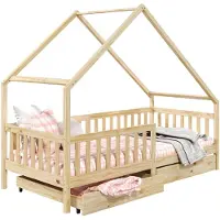 Idimex Hausbett ALVA 90x190cm aus Massivholz, Natur - Kinderbett mit Dach, Tipibett mit Schubladen, Kinderzimmer Bett, Bodennahes Bett Montessori, ideal für Dachschrägen