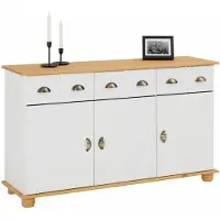 Idimex Apothekerkommode COLMAR, Weiß/Braun - Sideboard mit 3 Schubladen und 3 Türen, im Landhausstil, Kiefer Massivholz, Muschelgriffe aus Metall, ideal für Flur, Schlafzimmer oder Wohnzimmer