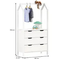 Idimex Kinderzimmer Kommode AMIRA mit Kleiderstange in Hausform - weiß, 3 Schubladen, integrierte Kleiderstange, Stauraum für Kleidung, Spielzeug, Bücher, Kiefernholz
