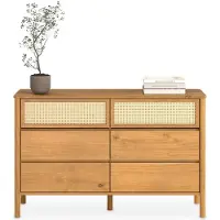 Idimex Kommode CEFIRA aus Massivholz, Eiche Finish - Anrichte mit 6 Schubladen, Sideboard im natürlichen Design, Aufbewahrungskommode mit dekorativen Rattangeflecht, Stauraumkommode für Wohnzimmer und Flur