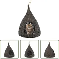 The Living Store Katzenhaus mit Kissen Grau 40x60 cm Naturweide Tipi