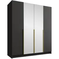 Mirjan 24 Kleiderschrank Santi II, Schlafzimmer, mit Spiegel, Drehtürenschrank, mit Kleiderstange, Modern, Garderobenschrank, Metallgriffe (Farbe: Schwarz / Schwarz + Gold)