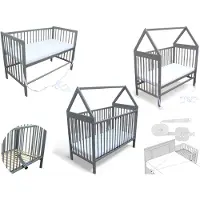 Micoland Kinderbett - Beistellbett - Babybett Haus 120x60cm mit Matratze Gurt und Rädern grau