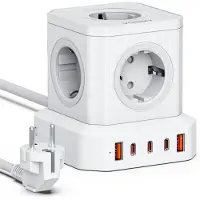 Voomy 10-in-1 Steckdosenleiste 100W USB-C – 4000W – Mehrfachsteckdose 5-Fach– 2M Kabel – Weiß, 2 m, Drinnen, Acrylnitril-Butadien-Styrol (ABS), Polycarbonat (PC), Weiß, CE, ROHS, 5 AC-Ausgänge