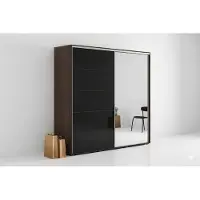 BM-Möbel A11 Kleiderschrank mit 2 Schiebetür aus Glas und Spiegel - Schokolade, Lacobel Schwarz - 230 x 62 x 245 cm