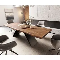 DELIFE Esstisch Edge 260x100 XL Akazie Braun V-Gestell Flachstahl Schwarz Live-Edge