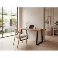FineBuy Schreibtisch 200 cm Akazie Massivholz Metall Computertisch Baumkante Homeoffice Bürotisch Massiv Trapezbeine in Schwarz Holztisch Laptoptisch