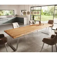 DELIFE Esstisch Edge 300x100cm XL Akazie Natur Edelstahl Silber schräg Live-Edge