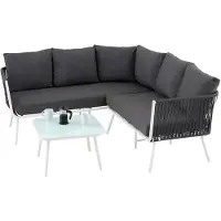 Idimex Gartenlounge JAKARTA, weiß/grau - Outdoor Ecksofa mit Dreisitzer, Zweisitzer und Beistelltisch, robustes Metallgestell, wasserabweisende Kissen, für Terrasse und Balkon, L-förmige Sitzlandschaft