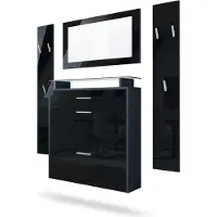 Vladon Garderobe Malea, Garderobenset bestehend aus 1 Hängeschuhschrank, 1 Wandspiegel und 2 Garderobenpaneele, Anthrazit matt/Schwarz Hochglanz