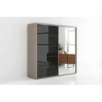 BM-Möbel A11 Großer Kleiderschrank mit Schiebetür aus Glas und Spiegel - Sonoma, Lacobel Schwarz - 175 x 62 x 215 cm