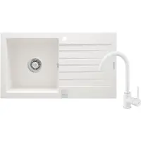 Deante SET ZQZVA113 Einzelwaschbecken mit Abtropffläche + Armatur, Alabaster