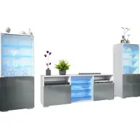 Vladon Wohnwand Granada, Anbauwand bestehend aus 2 Vitrinen und 1 TV-Board, Weiß matt/Grau Hochglanz inkl. LED-Beleuchtung (286 x 122,5 x 35 cm)