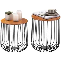 CARO-Möbel Couchtisch ERRANO in Wildeiche-Nachbildung, Beistelltisch im praktischen 2er Set, Wohnzimmertisch als Metallkorb mit Deckel für Stauraum, Vintage Look