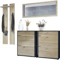 Vladon Garderoben-Set Orlando mit Schuhschrank, Germany, Wandpaneel und Wandspiegel, Schwarz matt/Eiche sägerau