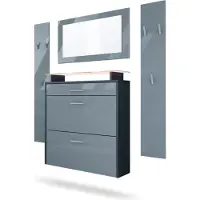Vladon Garderobe Malea, Garderobenset bestehend aus 1 Hängeschuhschrank, 1 Wandspiegel und 2 Garderobenpaneele, Anthrazit matt/Grau Hochglanz, inkl. LED-Beleuchtung RGB