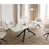 DELIFE Esstisch Edge 180-220x100 Keramik Calacatta Luxe Weiß-Gold-Grau Kreuzgestell Rechteck Schwarz ausziehbar